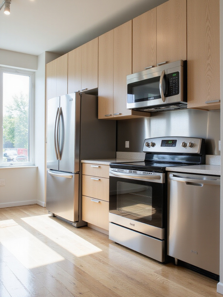 Modern kitchen with stainless steel appliances, light wood cabinets, and white quartz countertop.