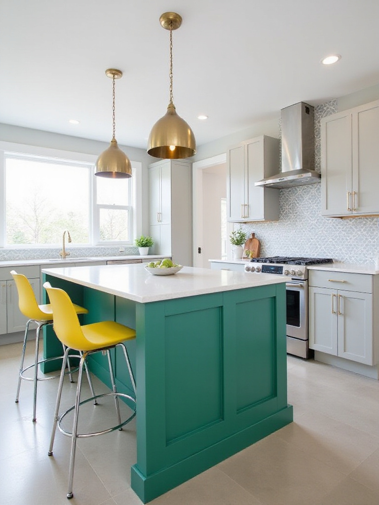 Modern kitchen with light grey cabinets, white countertops, and a bold emerald green island with yellow bar stools.