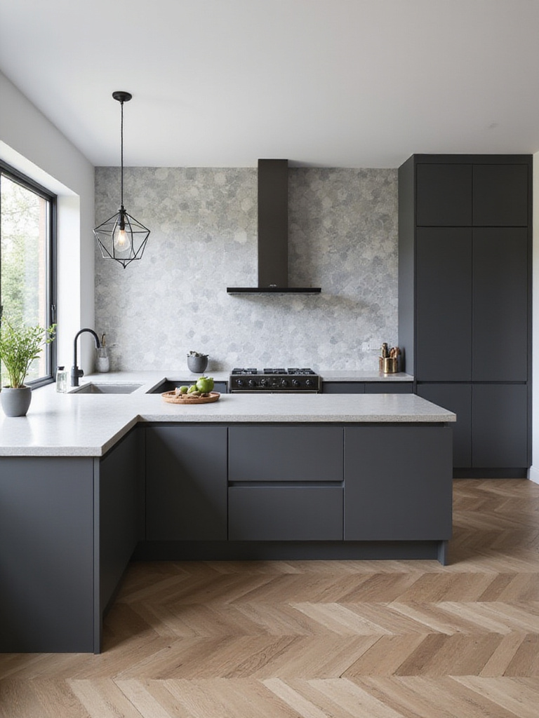 Modern kitchen with geometric hexagonal tile backsplash and chevron wood flooring.
