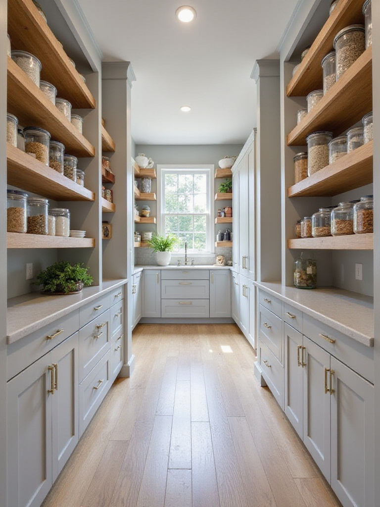 Well-organized modern kitchen pantry with adjustable shelving and clear containers.