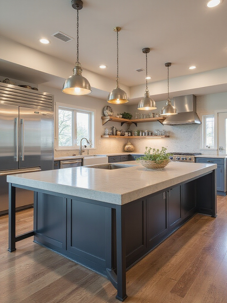 Modern kitchen design featuring concrete countertops, metal accents, and open shelving.