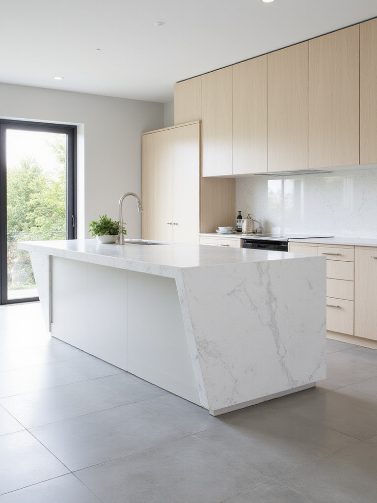 Modern kitchen island featuring a white quartz waterfall edge countertop.