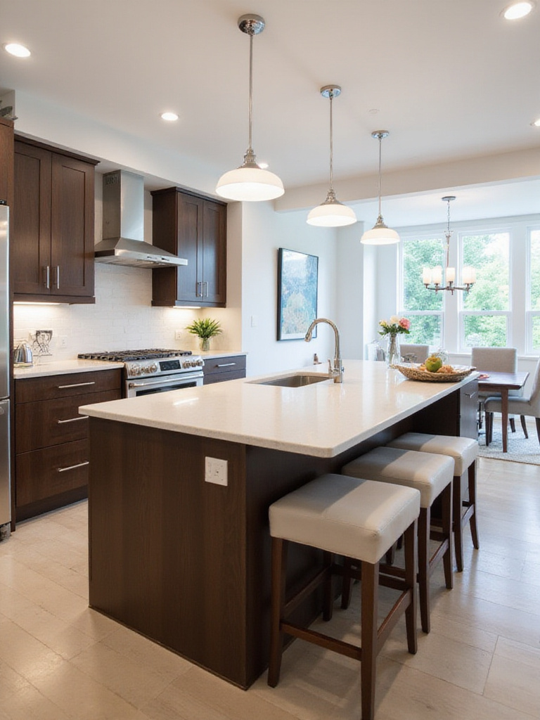 Modern kitchen with sleek breakfast bar and pendant lighting.