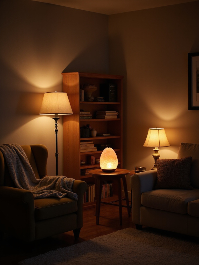 Cozy living room interior with soft white lighting from lamps and a Himalayan salt lamp.