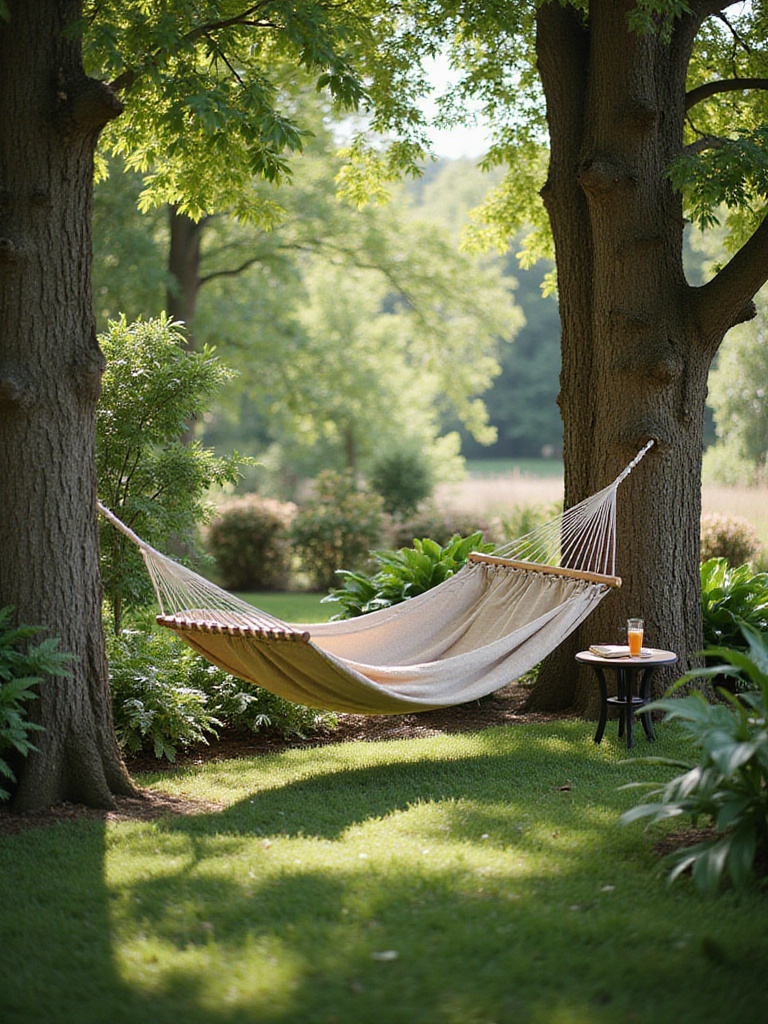 Hammock hanging between trees in a peaceful backyard garden