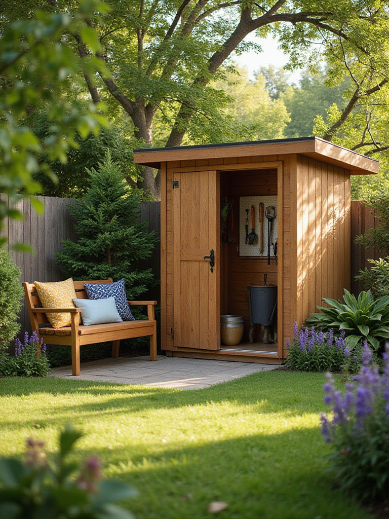 Beautiful backyard featuring a wooden shed and storage bench, providing functional and attractive yard storage solutions.