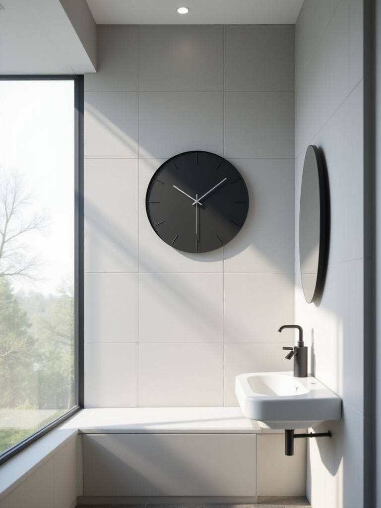 Modern bathroom with a sleek black wall clock above a floating vanity.
