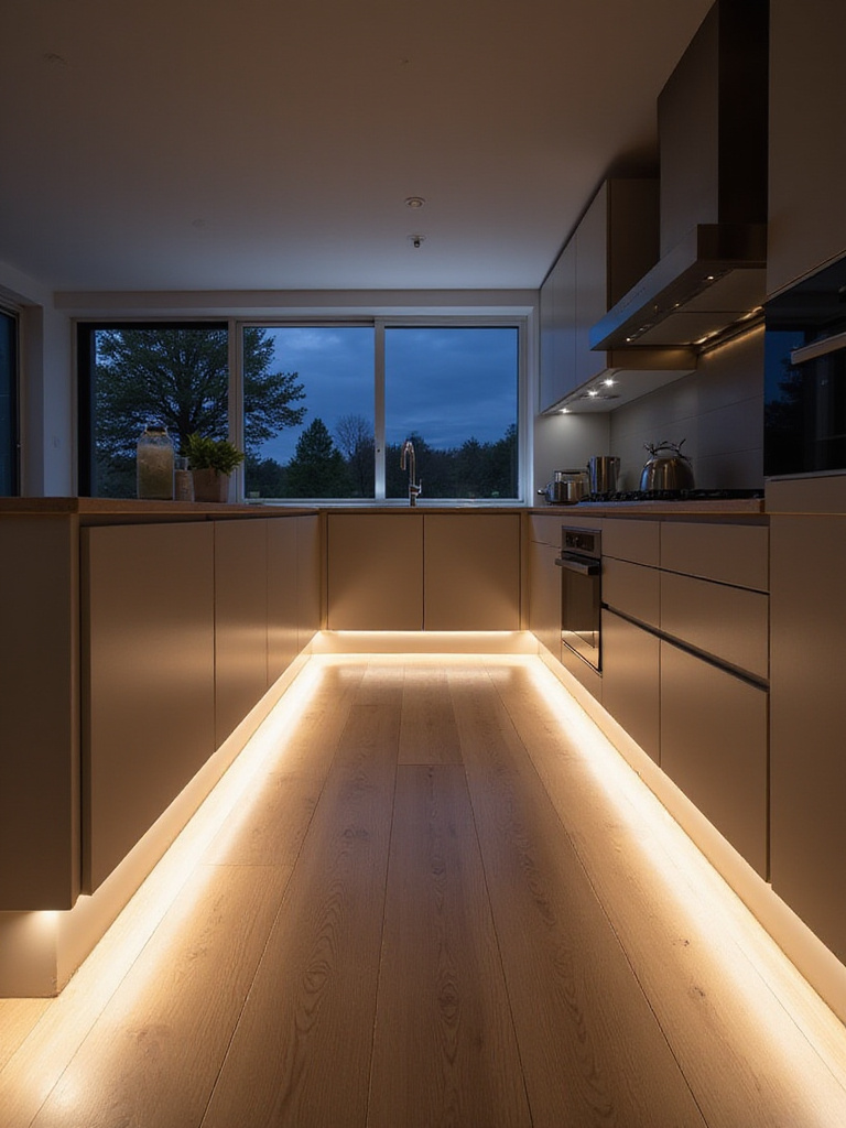 Modern kitchen featuring warm white LED toe-kick lighting beneath base cabinets and island, providing subtle floor illumination and enhancing the cabinet design.