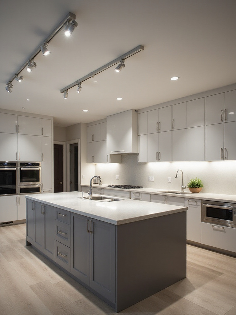 Modern kitchen featuring ceiling-mounted track lighting casting focused light onto the island and countertops.
