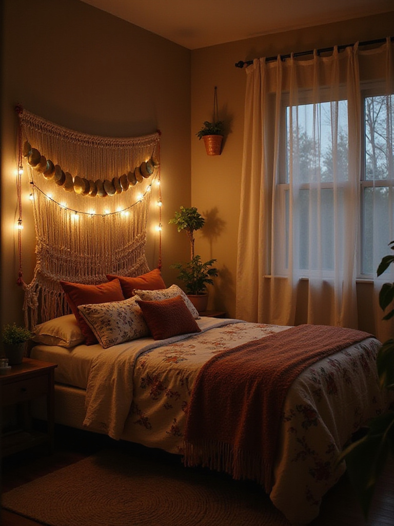 Boho bedroom with brass moon phase wall hanging above bed