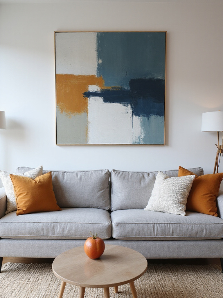 Modern apartment living room with a large abstract painting above a grey sofa