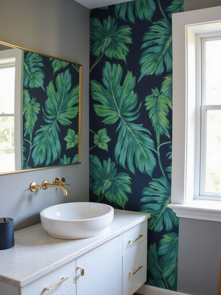 Bathroom with bold tropical leaf wallpaper accent wall