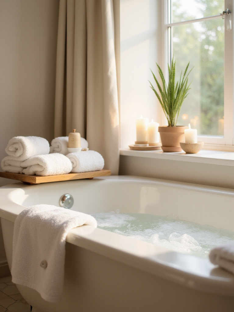 Spa-like bathroom with fluffy towels, candles, and a relaxing bath.