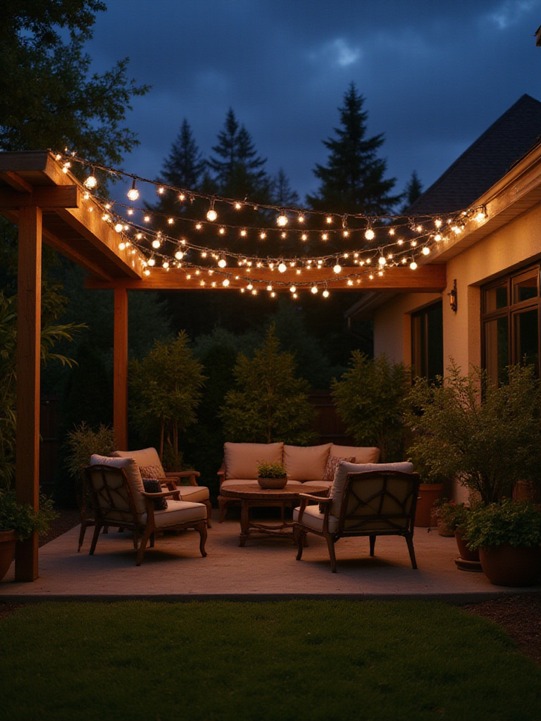 Backyard patio illuminated by warm and inviting string lights.