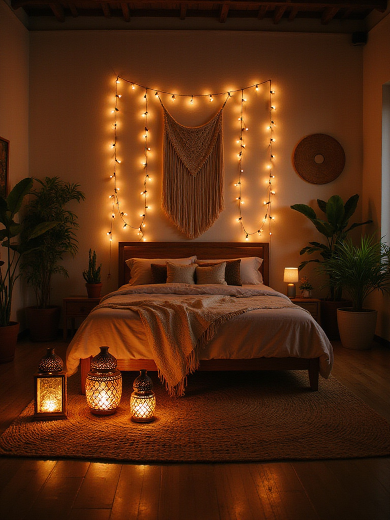 Boho bedroom interior with warm string lights and lanterns