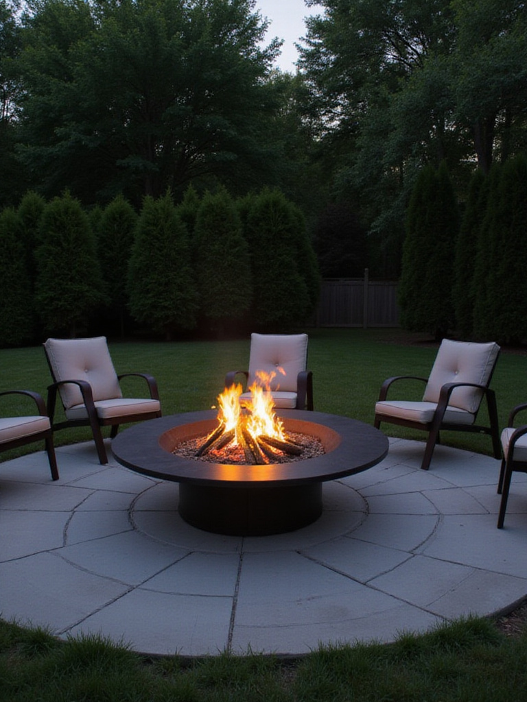 Pre-built metal fire pit on a circular stone patio at dusk, surrounded by empty chairs, illustrating a ready-to-use backyard gathering spot.