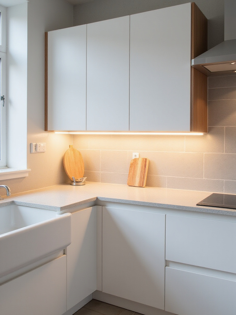 Modern kitchen with warm under-cabinet LED lighting illuminating countertops.