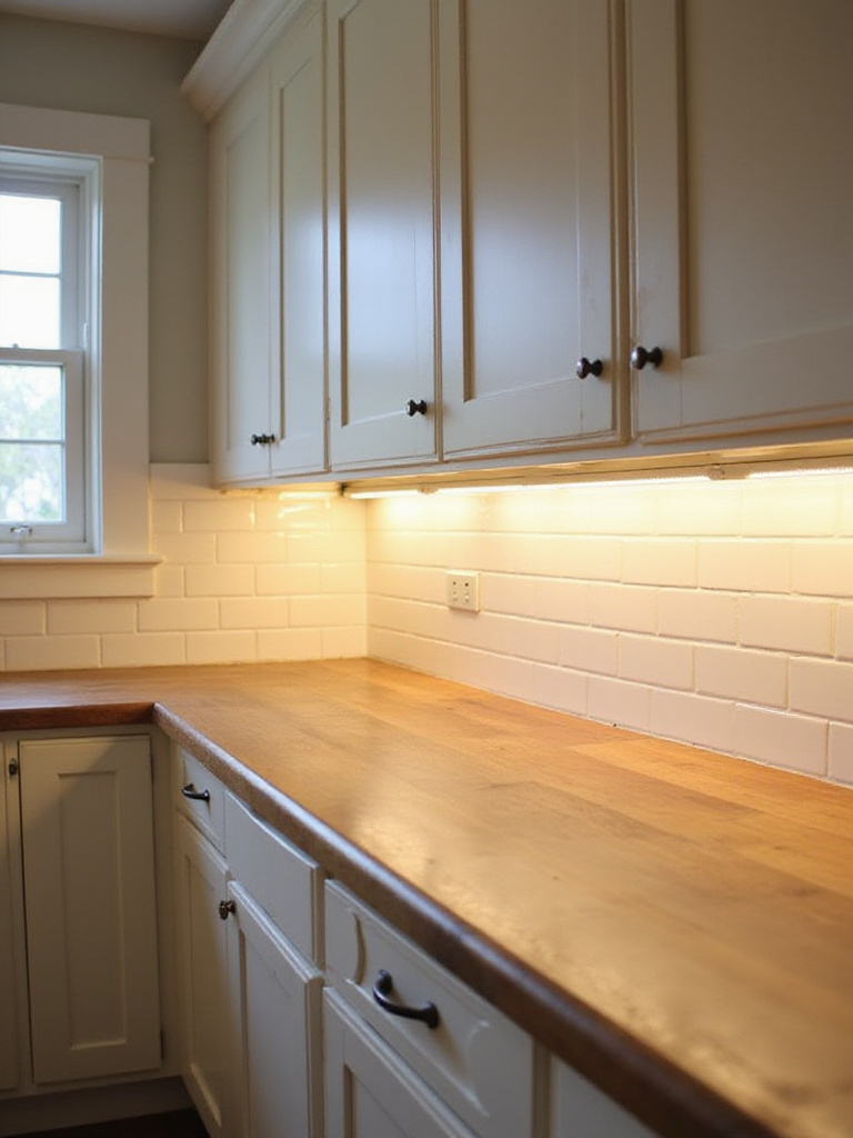 Farmhouse kitchen with warm white under cabinet lighting highlighting butcher block countertops and a subway tile backsplash.