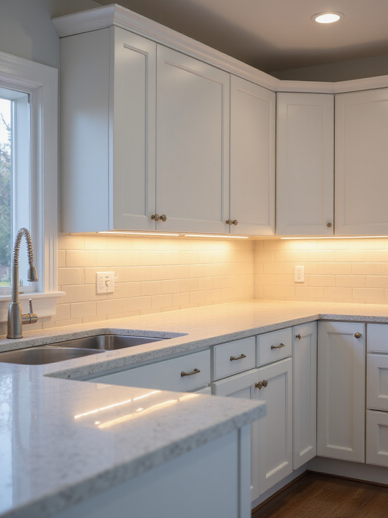 Modern kitchen counter illuminated by warm LED under-cabinet lighting, highlighting the workspace and backsplash.
