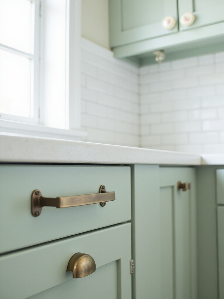Sage green kitchen cabinets with unique bronze bin pulls and cream ceramic knobs.