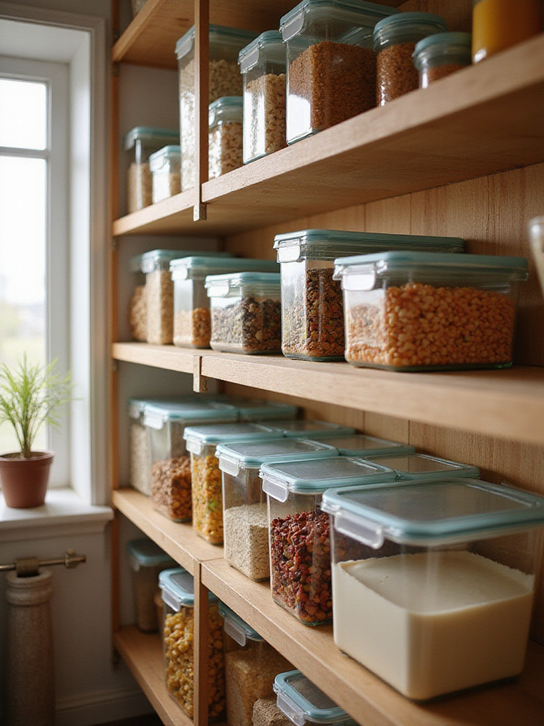 Organized pantry with clear storage containers filled with various foods.