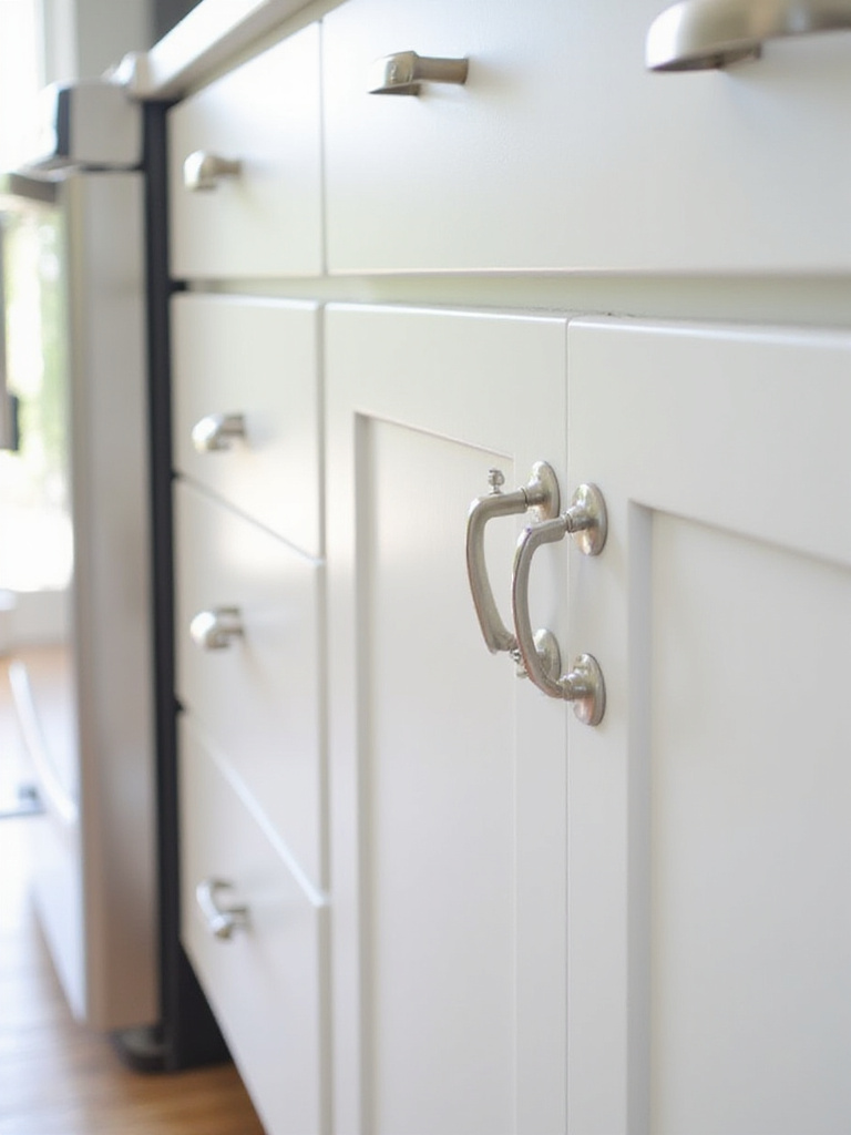 Updated kitchen cabinets with modern brushed nickel hardware.