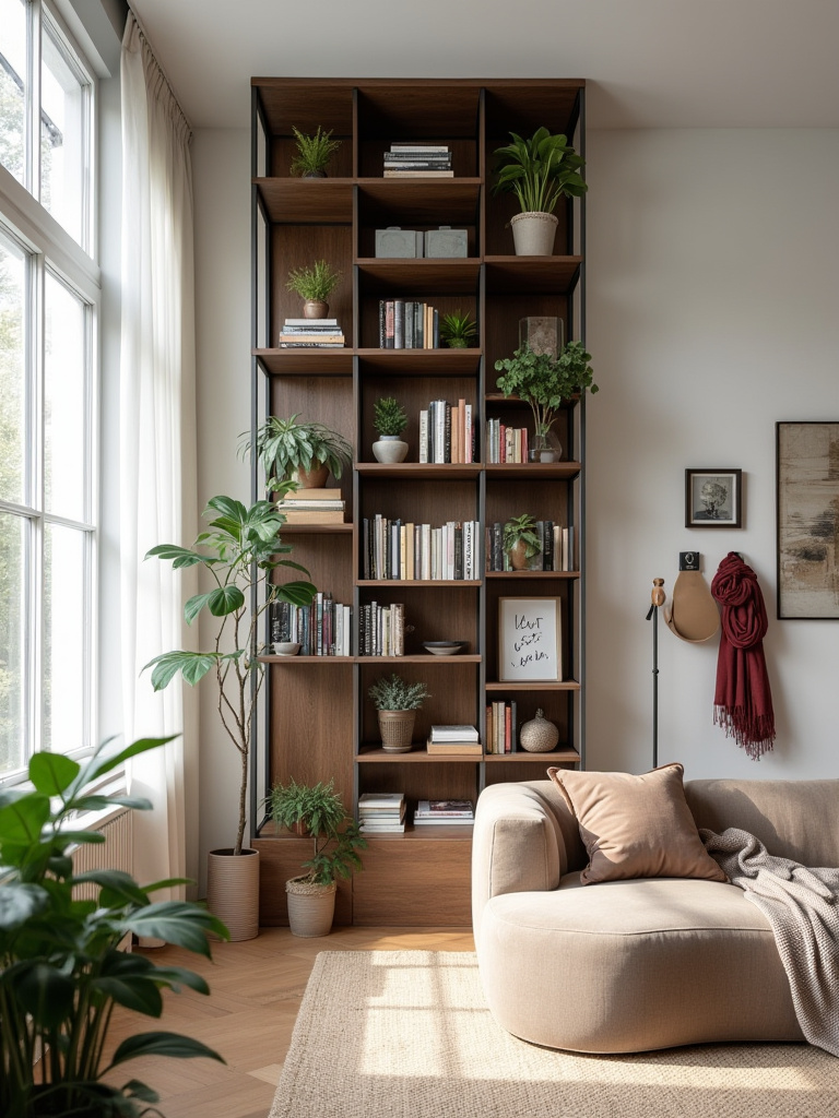 Apartment living room showcasing vertical storage solutions with tall bookshelf, gallery wall, and decorative hooks.