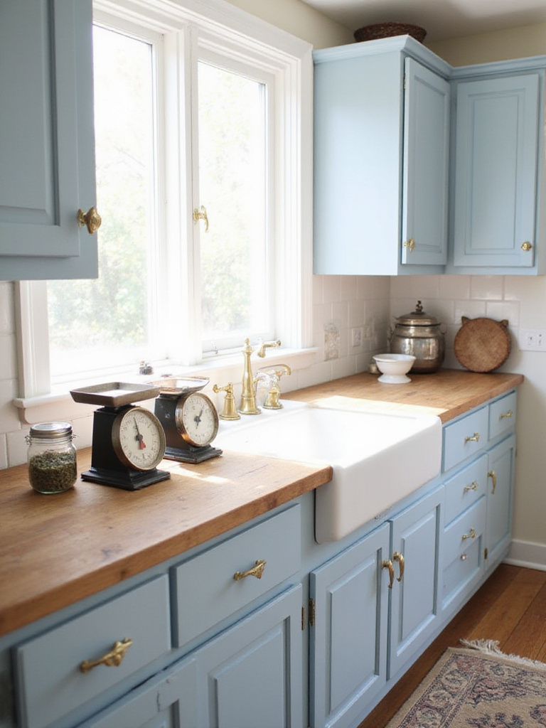 Kitchen with vintage decor accents, including antique scales and mason jars.