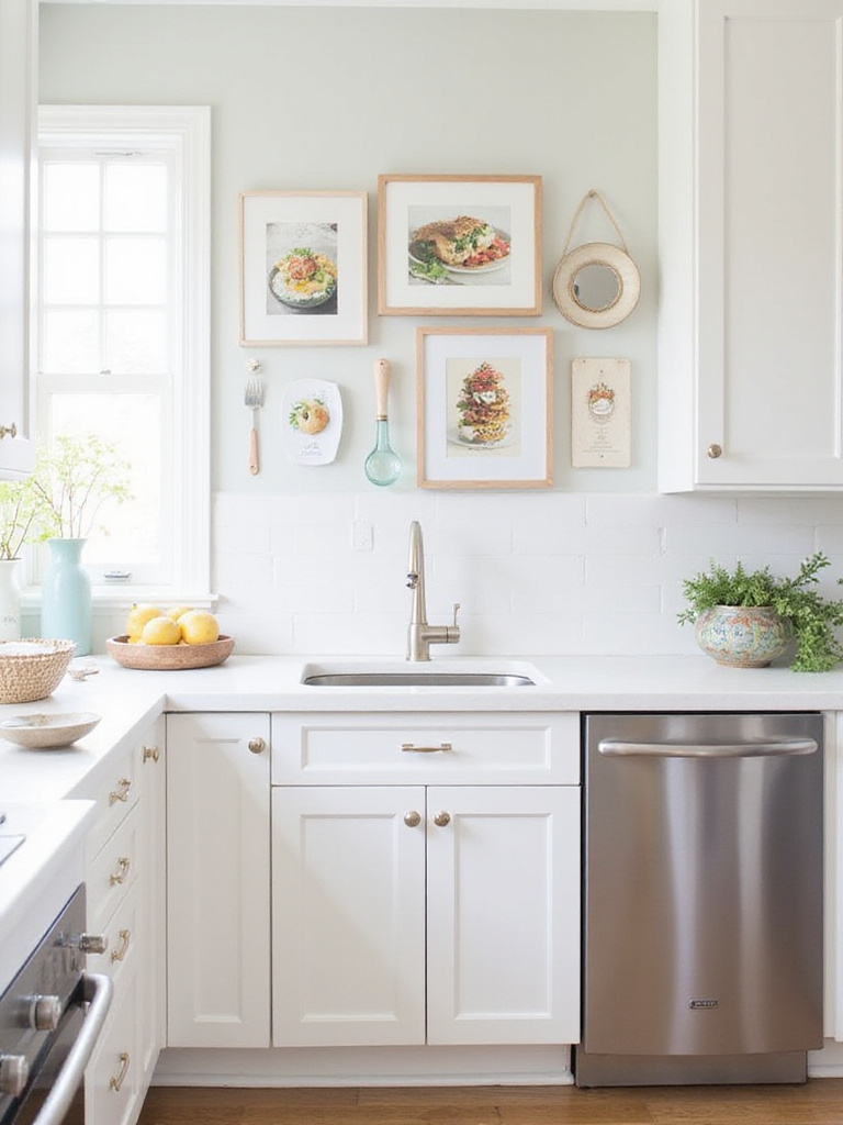 Kitchen wall decor featuring a gallery wall with art, mirrors, and vintage utensils.