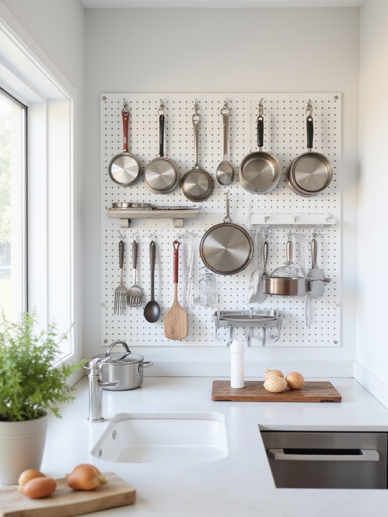 Kitchen pegboard organizer displaying pots, pans, and utensils.
