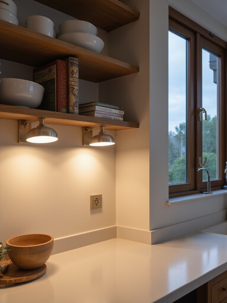 Modern kitchen wall with sleek sconces illuminating open shelving and adjustable sconces providing task lighting over a countertop.