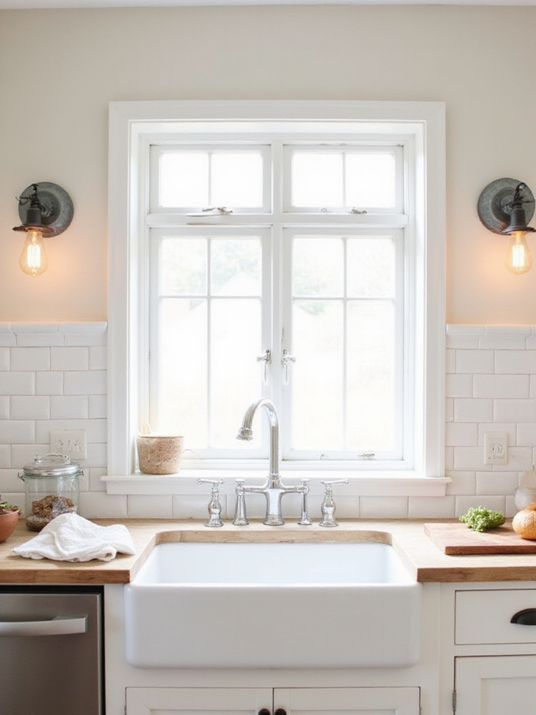 Farmhouse kitchen with galvanized steel wall sconces above a white farmhouse sink.
