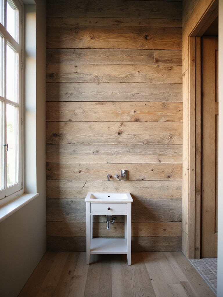 Bathroom featuring a rustic reclaimed wood accent wall.