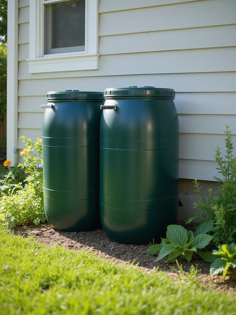 Rainwater collection barrels under downspout in lush backyard garden