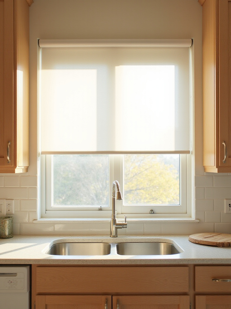Modern kitchen with white roller shades filtering sunlight over the sink.