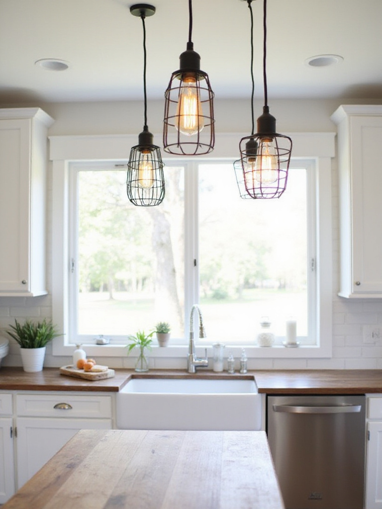 Farmhouse kitchen with white cabinets and butcher block island illuminated by three wire cage pendant lights with Edison bulbs.