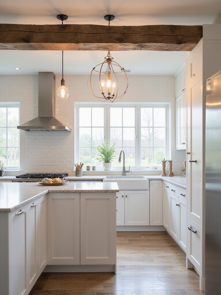 Farmhouse kitchen with wooden beam chandelier and Edison bulbs