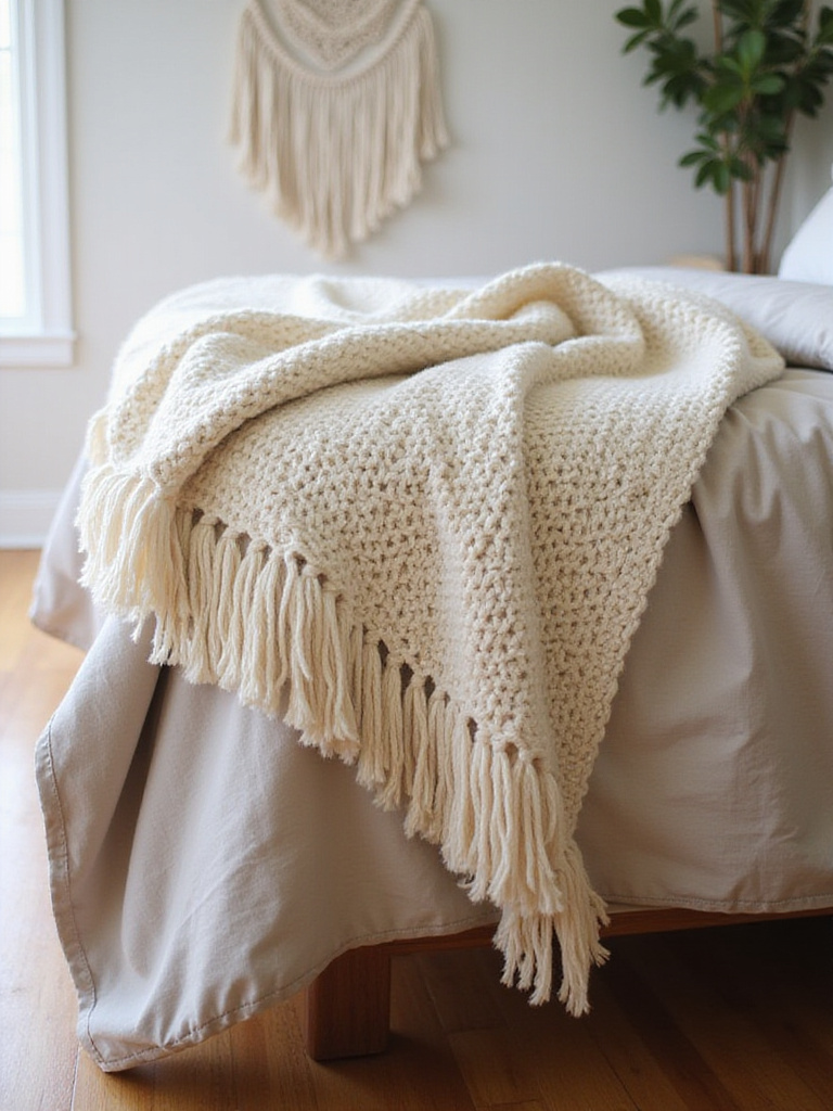 Chunky knit throw blanket with fringe draped over boho bedroom bed