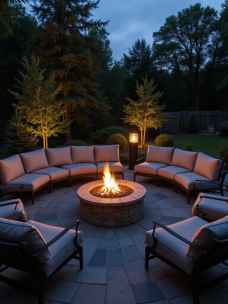 Cozy backyard fire pit area with comfortable outdoor seating arranged around a stone fire pit on a stone patio.