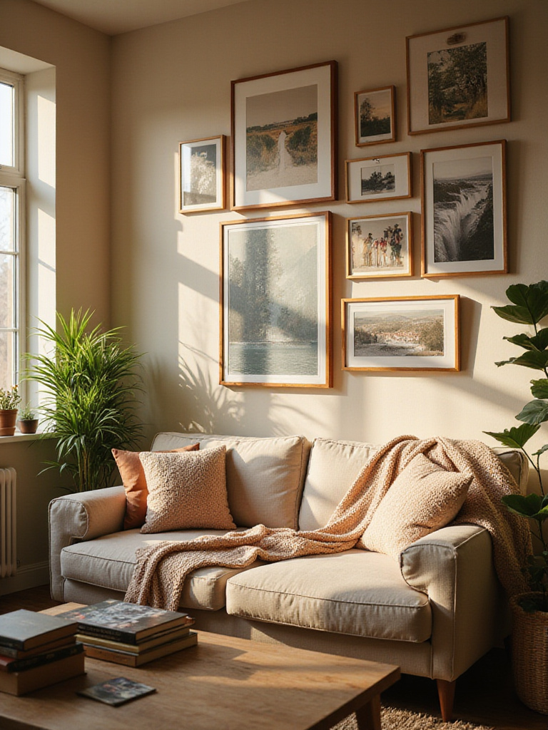 Cozy living room with a gallery wall showcasing personal photos and artwork.