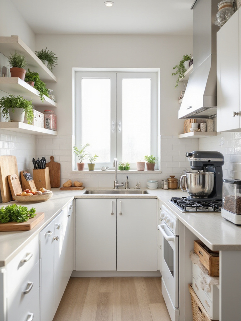 Well-organized kitchen with distinct food prep, baking, and coffee stations.