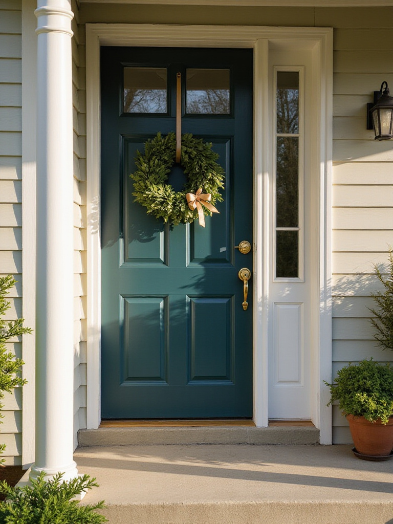 Classic green wreath with a ribbon hanging on a welcoming navy blue front door.