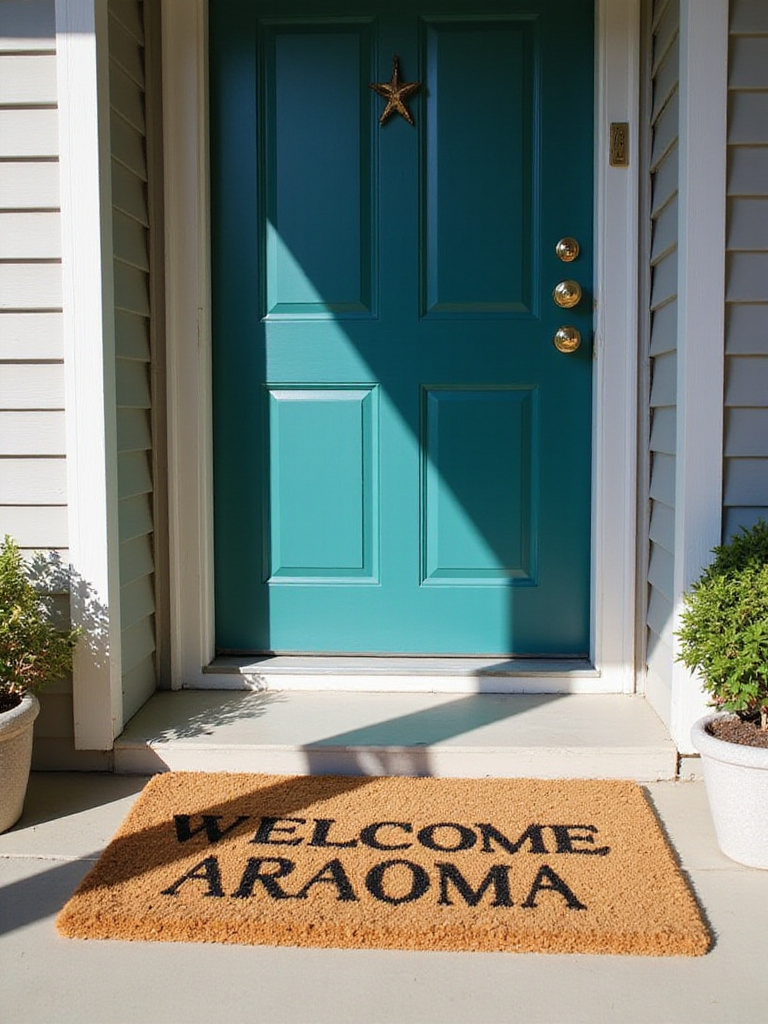A welcoming front door scene with a vibrant door color and an expressive welcome mat placed on the porch, surrounded by potted plants, enhancing the home's curb appeal.