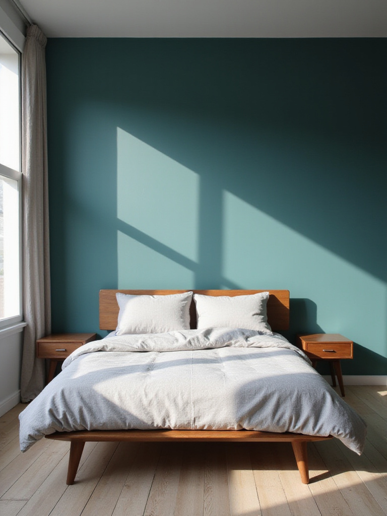 Modern bedroom with a teal accent wall behind the bed.