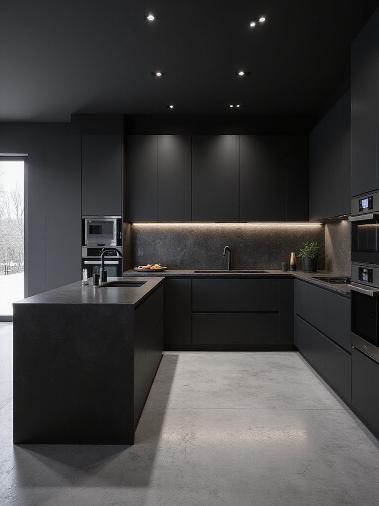 A sleek, modern minimalist kitchen featuring matte black flat-panel cabinets, a black island with a waterfall edge, and a black stone backsplash, emphasizing clean lines and uncluttered design.