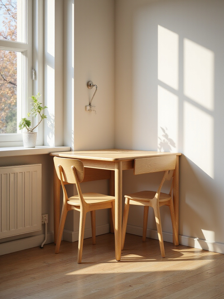 Space-saving drop-leaf dining table and chairs in a small apartment corner, maximizing floor space.