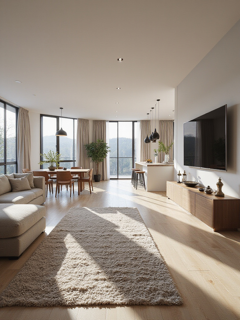A wide view of a modern open-plan living space showing distinct zones. A large area rug defines the living area with a sofa and console table. A dining table with pendant lights marks the dining zone, and a kitchen island delineates the kitchen space. The zones are separated by strategic furniture placement and lighting.