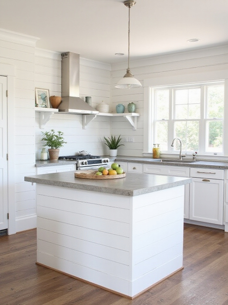 White shiplap detailing on a kitchen island base or an accent wall, adding coastal character and texture to the kitchen design.