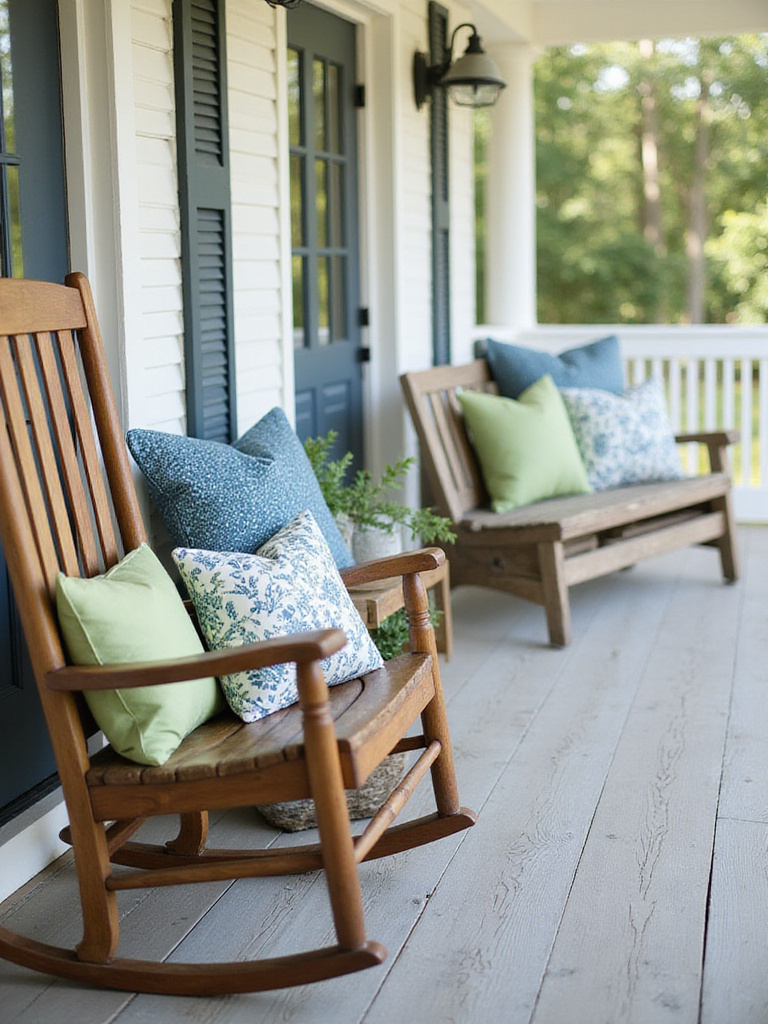 Cozy front porch with decorative pillows on rocking chair and swing.