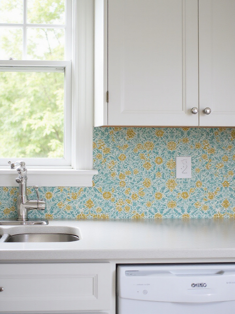 Modern kitchen backsplash with geometric patterned tiles and white cabinets